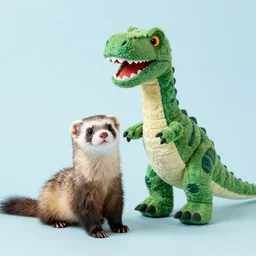 a puppet of a ferret and a puppet of a dinosaur