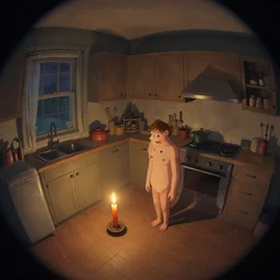cute solitary kitchen dim lit by a candle ripped physique simon stalenhag gerald brom bastien grivet by greg rutkowski game background fisheye lens day of the tentacle, 3 point perspective