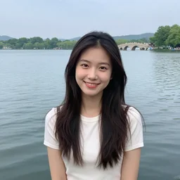 a girl smiling at the camera, lake in the background, 2 0 2 0