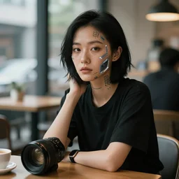 photograph woman sitting in a cafe, China, short black hair, freckles, face tattoos, futuristic, cyberpunk face mods, sigma 85mm f/1.4, 4k, depth of field, unreal engine, stylized