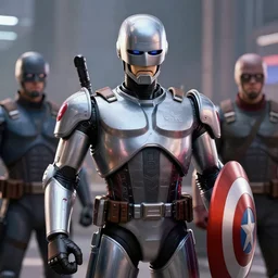 robocop as captain america staring down the enemy in a sci fi movie