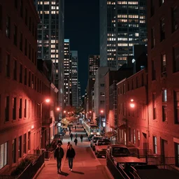 high quality photograph of a city at night, people walking, 4 k professional photograph, nice place to live, skyscrapers, midrise buildings, narrow streets, soft reddish street lamps, small windows, trains, cozy, trending on artstation, detailed, beautiful, photograph, realistic