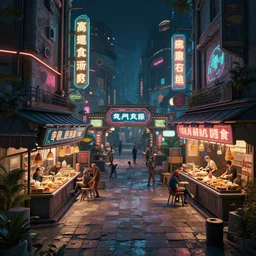 hyper detailed cyberpunk marketplace, blender render, at night