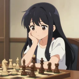 anime portrait of long black hair anime girl pondering next to a chess set, cute, official art