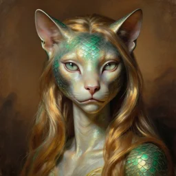 detailed portrait in femininity, regal alien, feline, realistic face sculpted features, placid clear eyes, statuesque model, opalescent skin, silky hair, warm glow, bathed in light, chiaroscuro, shimmering scales, biomorphic, organic impressionism, dappled backdrop, deep rich tones, burnt umber, sand and emerald color palette, painterly