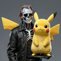Jack Nicholson plays Terminator Pikachu cyborg hybrid wearing leather jacket and his endoskeleton is visible his eye glows red, walking out of flames
