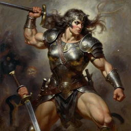 muscular barbarian woman wearing armor by Frank Frazetta, oil painting , dynamic shot , HD 4k , intricate , highly detailed