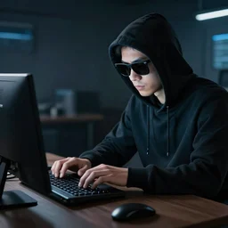 hacker typing on computer with sunglasses, exploitable image