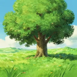 cute ash tree on grass landfield, animation matte painting by pixar ghibli studio miyazaki ghibli