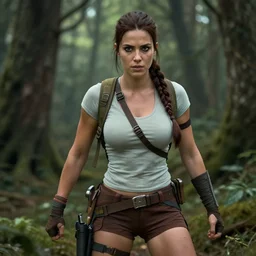 detailed photo of lara croft being arrested in a forest, 8 k, by greg rutkowski, artgerm,