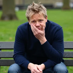 dslr photo still of sad gordon ramsay sitting on a park bench with a tear on his cheek, 8 k, 1 1 0 mm f 1 6