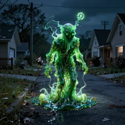 a being of green ghostly viscous slime ooze making its way through abandoned midnight suburban streets, inevitable doom, ooblek, wisp lights, rhads,