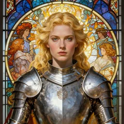 masterpiece head-on symmetrical centered painted portrait, Imogen Poots as a paladin, blonde hair, glorious, wearing full metal armour, glowing stained glass backdrop, elegant, in the style of Greg Rutkowski and Moebius and Mohrbacher and Ruan Jia and Edgar Maxence and Ross Tran and Alphonse Mucha and Ayami Kojima and Charlie Bowater and Greg Rutkowski and Karol Bak and Jean Delville, Art Nouveau, Pre-Raphaelite, Neo-Gothic, 8k, specular highlights, octane render