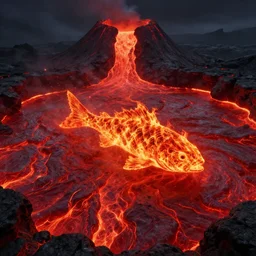 fish made of fire swimming in a volcano lava lake. red lava. flowing lava. 4 k video game concept art. unreal engine.