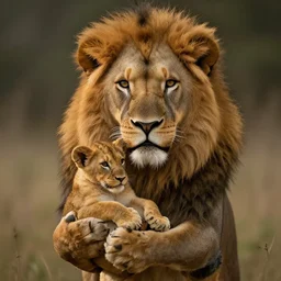 A Lion explorer holding a human cub in his hands artwork by Craig Mullins, artstation trending, cinematic lighting