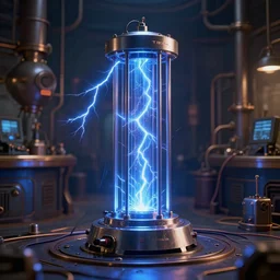 photography of a hyper realistic tesla coils, highly detailed blue lighnings arround it. ancient steam punk laboratory background. high detail, professional digital art, unreal engine 5 8 k rendering, stunning, artstation