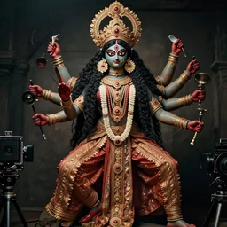 An epic dramatic fashion photograph of the hindu goddess Kali , by Tim Walker, by Gregory Crewdson, masterpiece, detailed, dynamic, cinematic composition, beautiful lighting, large format film camera, trending on VSCO, trending on artstation, top on pixiv, 8K, no frames,