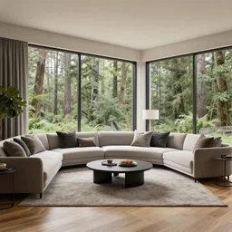 a beautiful modern living room with wood floors, large windows with a beautiful view of a forest, an area rug, realistic, hd, 8 k, digital rendering, unreal engine, blender, octane, maya