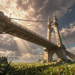 fantasy bridge in the space, cinematic view, epic sky, detailed, concept art, low angle, high detail, warm lighting, volumetric, godrays, vivid, beautiful, trending on artstation, by jordan grimmer, huge scene, grass, art greg rutkowski