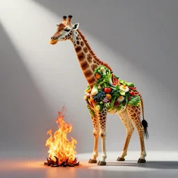a giraffe that is on fire and composed of vegetables
