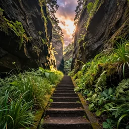 fern canyon gorge in oregon, stone stairway, overgrown lush plants, atmospheric, cinematic view, epic sky, detailed, concept art, low angle, high detail, warm lighting, volumetric, godrays, vivid, beautiful, trending on artstation, by jordan grimmer, huge scene, grass, art greg rutkowski