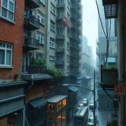 view from the street level, shows a dense cityblock, ground floor shops, residential apartments, rooftop garden. rainy atmosphere. sharp focus, smooth, hd, detailed, decayed, digital painting trending on art station, greg rutkowski.