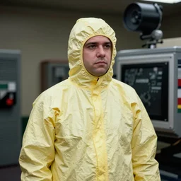 a man wearing a faint yellow hazmat suit, film still, arriflex