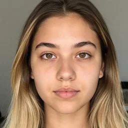 brunette with long dyed blonde hair, small nose, smaller mouth, round shaped face, big forehead, lop eared, thin eyebrows, hazel eyes, darker skin, pretty face, real life photograph