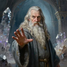 beautiful lifelike studio painting of a kind!!!! old bearded wizard holding his hand out to the camera. inside mystical crystal and quartz building. perfectly shaded cinematic lighting, very very coherent, trending on artstation, greg rutkowski, hyper detailed, 4 k, high quality, smooth, sharp focus