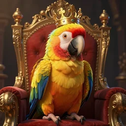 A parrot king sitting on a throne with a crown on its head, digital art, detailed, realistic, artstation