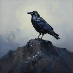 an abstract oil painting of a crow on top of a dark winter mountain; hyper-detailed; an extraordinary masterpiece!!!; flawless; trending on artstation