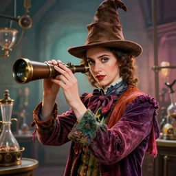 an anthropomorphic beautiful female willy wonka portrait holding a telescope made of bonk wearing colourful robe in a lab, fine art, award winning, intricate, elegant, sharp focus, octane render, hyperrealistic, wizard hat cinematic lighting, highly detailed, digital painting, 8 k concept art, art by jamie hewlett and z. w. gu, masterpiece, trending on artstation, 8 k