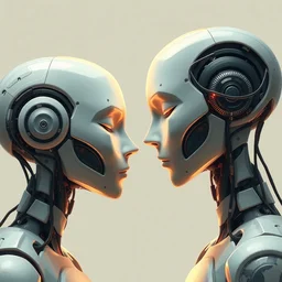 a digital painting depicting a two ai android facing each other while their eyes are closed