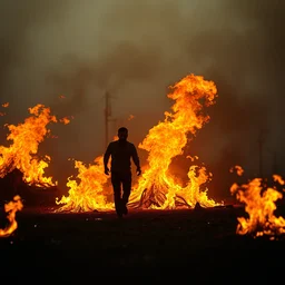 small man walking while on fire, realistic, 8 k