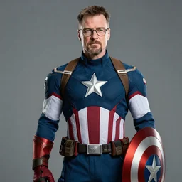 hyper realistic photo of walter white donning a captain america suit