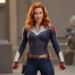 woman in an action costume by marvel studios