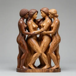 wood sculpture of beautiful racially diverse people caressing sensually