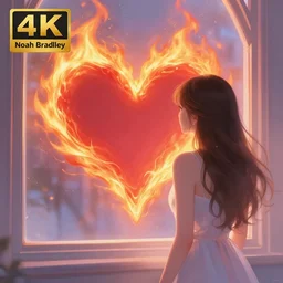 illustration for a love romantic greeting card, a heart on fire ❤🔥 in the background, a girl from the back looks through the window, by noah bradley, photorealistic, dynamic lighting, beautiful, trending on artstation, wallpaper, dream, 4 k, award winning, lovely pastel colors, ethereal, elegant