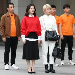 chinese canadian woman wearing a red sweatshirt with a white shirt under it and black skirt and black high heel shoes along with a man wearing an orange shirt with a brown jacket and black pants along with two men who were wearing orange shirts with black pants along with a white woman who had a large purse and short blonde hair and a woman wearing all white with black boots and a purse that also had some type of chain coming out of the bottom and a large black purse with a smiley