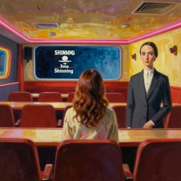 lone girl waiting inside a 70s cinema, stanley kubrick the shinning, american gothic, vibrant colors americana, cinematic, volumetric lighting, ultra wide angle view, realistic, detailed painting in the style of Edward Hopper and René Magritte