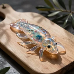 a transparent sea creature laying on a chopping board made out of an olive tree
