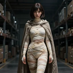 Dark warehouse, a young woman with short dark hair, full body modelling in gauze bandages, cloth wraps, sarong, heavy cloak, serious expression, spotlight on subject, detailed face, digital anime art, by Hayao Miyazaki