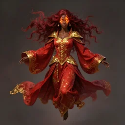Portrait of a beautiful sorceress, single character!!, dnd, d&d, Red robes, golden accents, golden covered, young, dark red hair, dark skin, fire eyes, floating, detailed face, highly detailed, high fantasy, matte painting, midjourney!, by Krenz Cushart and Artem Demura and alphonse mucha, artstation, HD, 4K