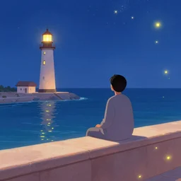 oman sitting on wall looking at the ocean. lighthouse. stars. fireflies. winter. disney