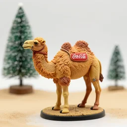 80mm resin detailed miniature of fluffy camel in desert, coca cola in camel head, in background there is fir, Product Introduction Photos, 4K, Full body, simple background
