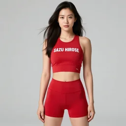 suzu Hirose wearing crop red gym top with white lettering, cropped red yoga short, Advertising photography by Mario Testino, masterwork, cgstudio
