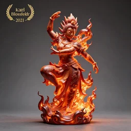 flaming gothic japanese statue of a deity, dancing. karl blossfeldt, salvador dali