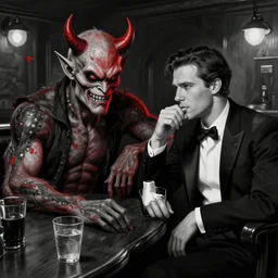 the devil monster and a handsome gentleman sitting in a pub, film noir style, black and white and red colors, establishing shot, highly detailed, digital painting, artstation, concept art, smooth, sharp focus, illustration, Unreal Engine 5, 8K, art by artgerm, realistic painting