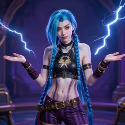 jinx league of legends arcane show shrugging realistic, cinematic lightning,