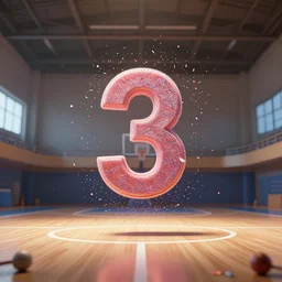 a sports hall, the number 3 is floating in the air right in the middle of the sceen with sprinkles popping away from it. unreal engine